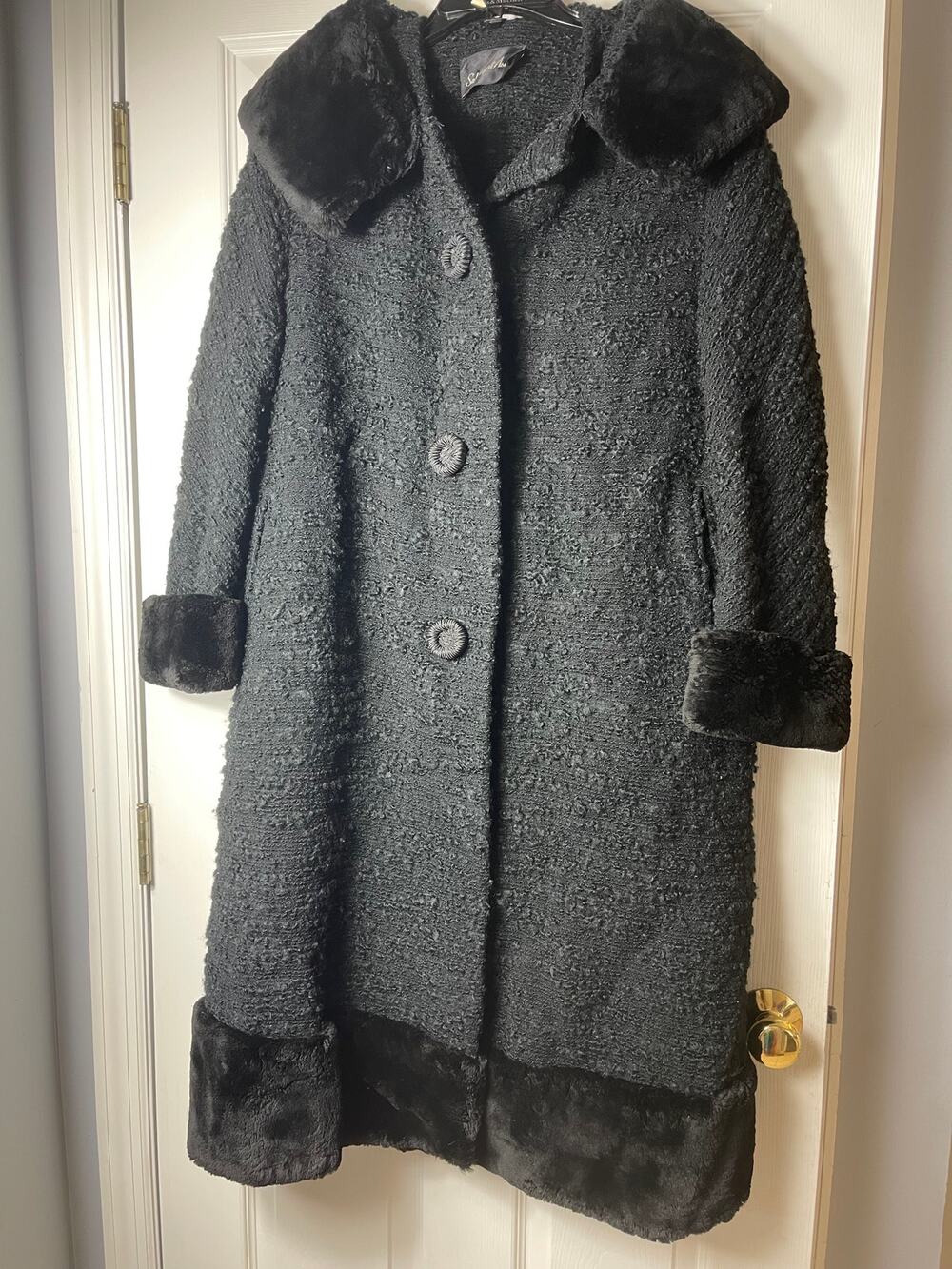 Saks Fifth Avenue Black Bouclé Coat Faux Fur Trim + Long Gloves